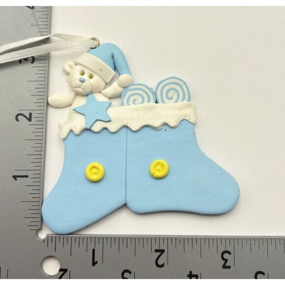 Christmas Stocking Tree Ornament with Teddy Bear and Lollipops Blue White - Picture 2 of 6